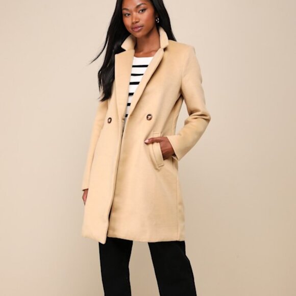 Lulus Harriet Long Double-breasted Tan Coat Brown - Size S - Picture 1 of 1